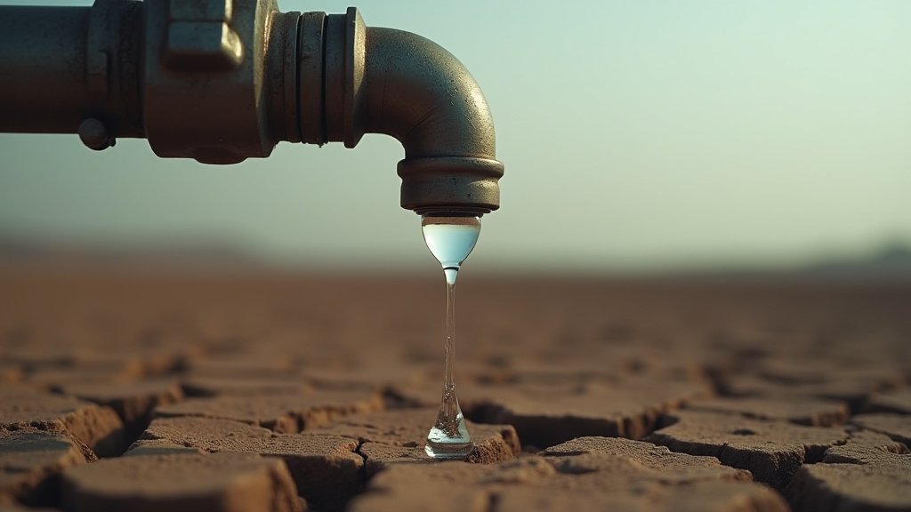 Cinematic wide-angle shot of a dry reservoir and a desalination plant, representing Corpus Christi's water crisis and its search for solutions.