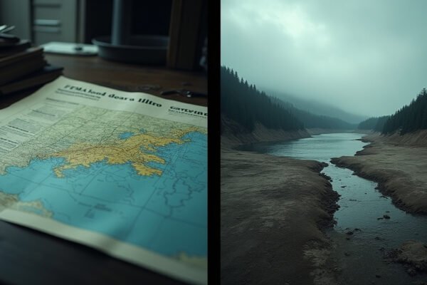 Cinematic wide-angle shot symbolizing the dual crisis in Corpus Christi: a dry, cracked earth representing the water shortage contrasted with a shadowy city hall chamber signifying political conflict.
