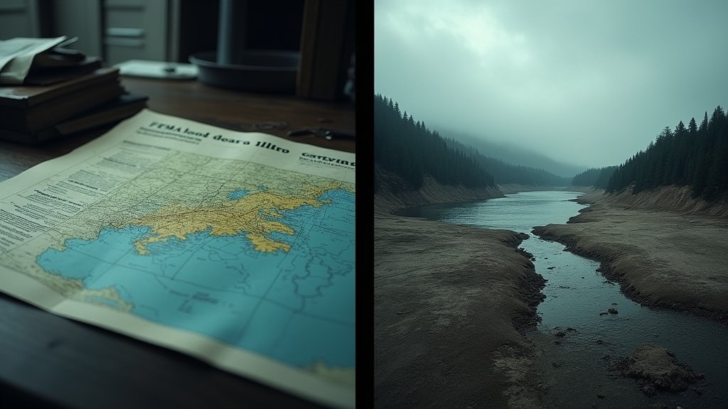 Cinematic wide-angle shot symbolizing the dual crisis in Corpus Christi: a dry, cracked earth representing the water shortage contrasted with a shadowy city hall chamber signifying political conflict.