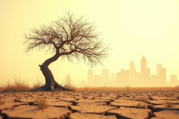 Dry, cracked earth under a hazy, hot sun, symbolizing extreme heat and fire danger in North Texas.