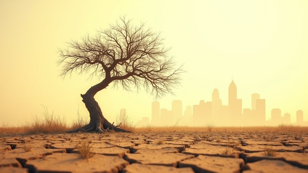 Dry, cracked earth under a hazy, hot sun, symbolizing extreme heat and fire danger in North Texas.