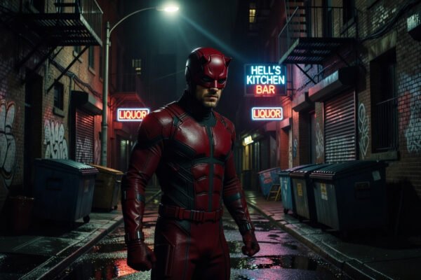 Charlie Cox as Daredevil in a dynamic pose, ready for action on the streets of Hell's Kitchen.