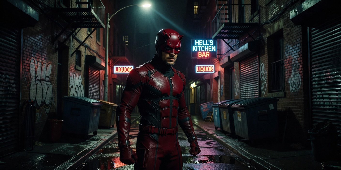 Charlie Cox as Daredevil in a dynamic pose, ready for action on the streets of Hell's Kitchen.