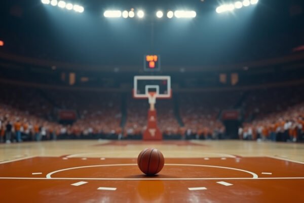 Cinematic wide-angle shot of a basketball arena during an intense NCAA Tournament game, symbolizing the high stakes and competitive atmosphere.