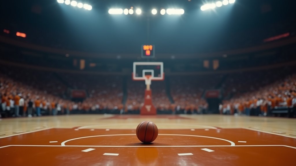 Cinematic wide-angle shot of a basketball arena during an intense NCAA Tournament game, symbolizing the high stakes and competitive atmosphere.