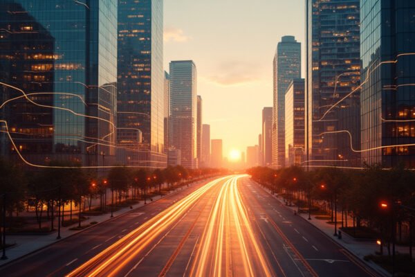 Cinematic wide-angle shot of a modern innovation hub representing Texas' economic growth and technological advancement.